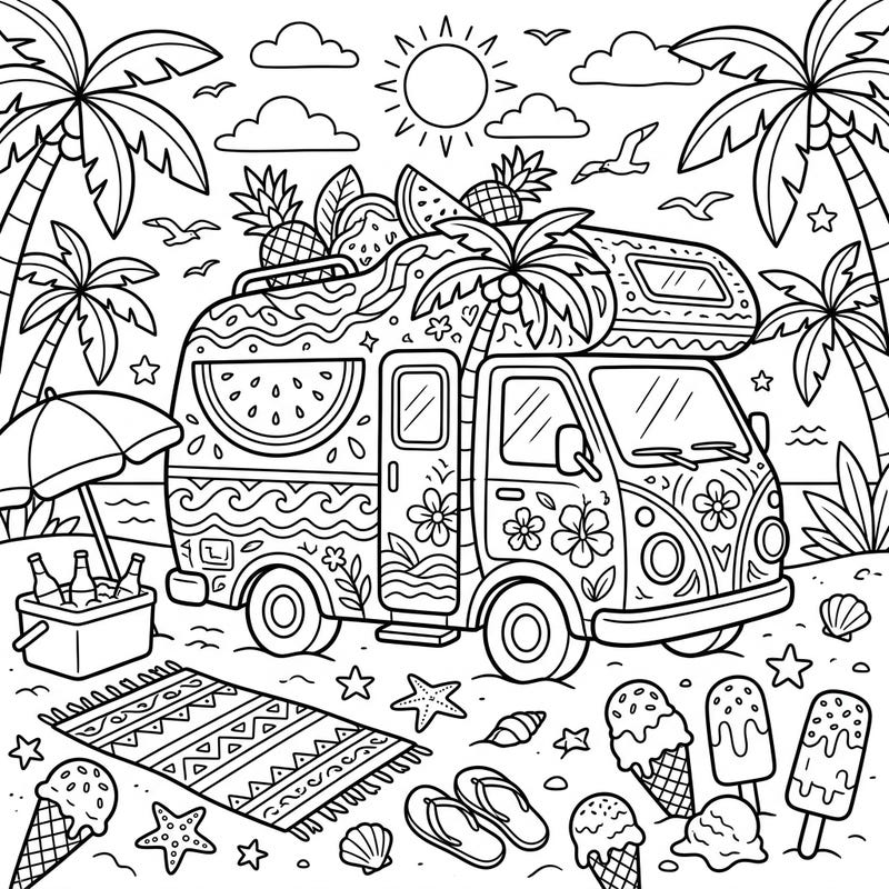 Get ready for a sun-soaked journey with this delightful summer camper van coloring page. Dive into a vibrant beach scene filled with tropical details, perfect for all ages to enjoy.