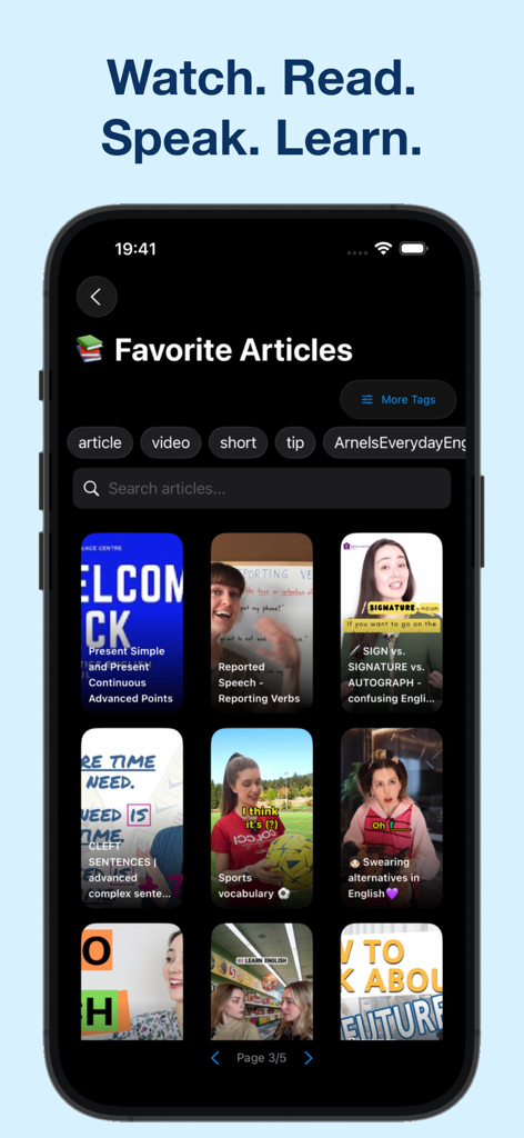 Learn English - Grammar, Vocab - さまざまな文法と語彙のトピックに関する英語学習ビデオレッスンのライブラリを表示するモバイルアプリの画面。