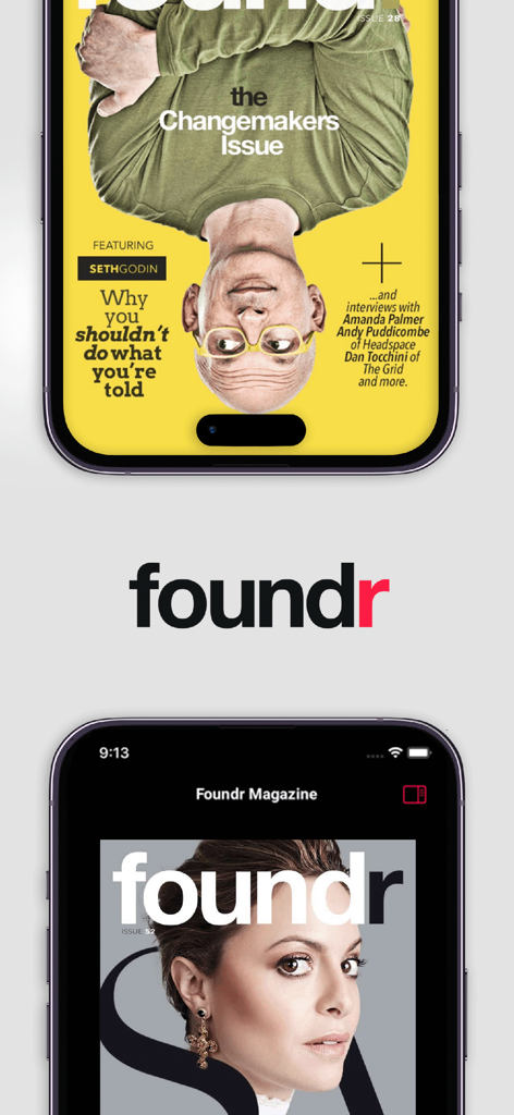 Screenshots of Foundr Magazine app showing business magazine covers on mobile devices