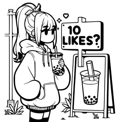 girl with oversized hoodie drinking boba and she has a high ponytail with a sign that says 10likes?