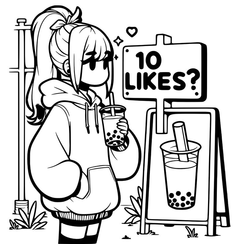girl with oversized hoodie drinking boba and she has a high ponytail with a sign that says 10likes?