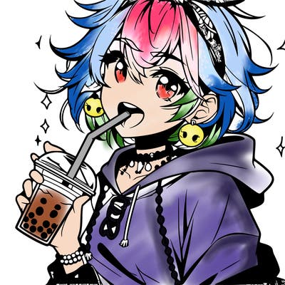 hot baddie anime girl drinking boba and biting the straw