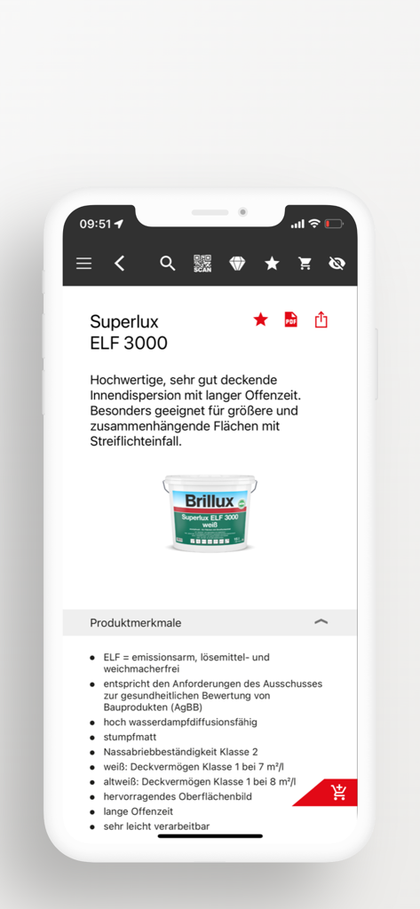 Brillux 앱의 Superlux ELF 3000 실내 페인트 제품 상세 페이지 이미지
