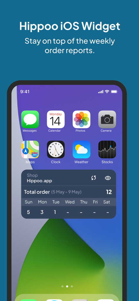 Hippoo iOS-Widget auf einem iPhone mit wöchentlichen WooCommerce-Bestellberichten.