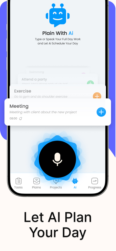 Daily Routine Planner Schedule - Pantalla móvil que muestra un asistente de voz de IA para planificar y programar tareas diarias