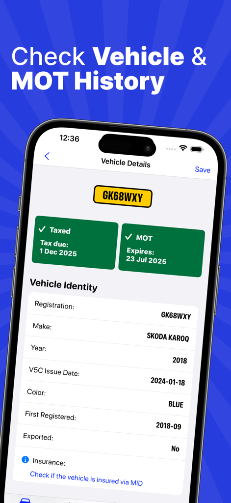 Interfaz de aplicación móvil que muestra detalles de matriculación del coche, estado de la ITV y fechas de caducidad de impuestos de un vehículo.