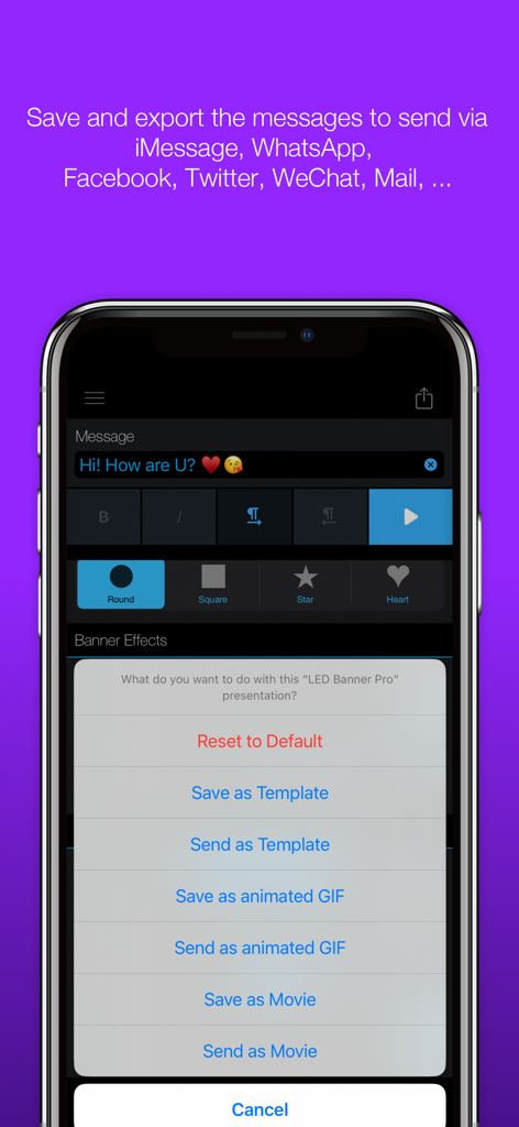 Interface of LED Banner Pro app showing menu options to save or send messages as animated GIFs and movies