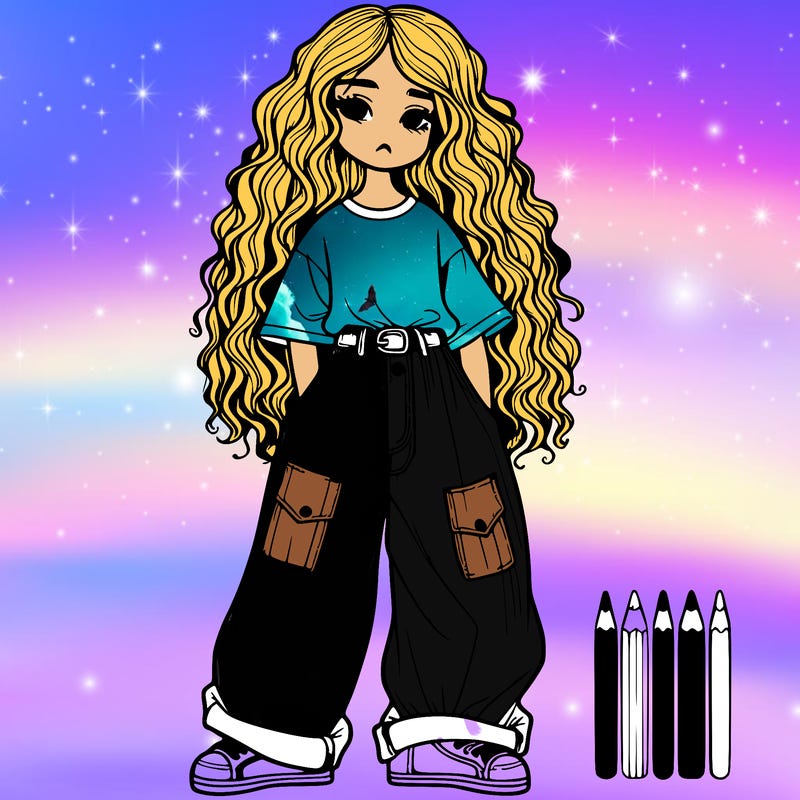 girl with long curly hair with baggy jeans and baggy t shirt