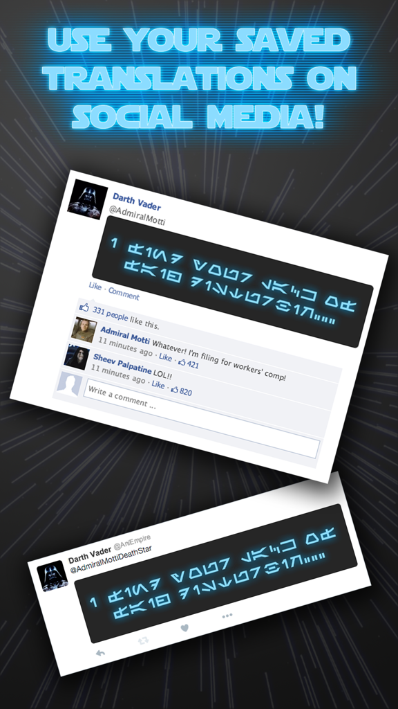 Esempi di traduzioni di testi Aurebesh condivisi sui social media Facebook e Twitter.