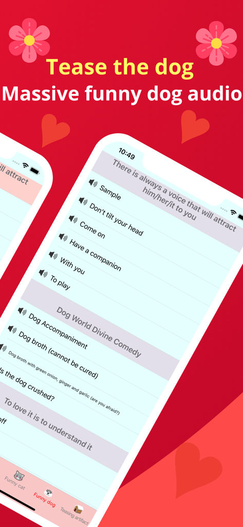 Interface of the Dog and Cat translator app showing a list of funny dog sounds for pet interaction