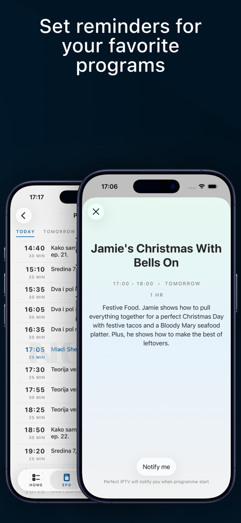 IPTV app interface showing a TV program guide and a notification reminder option.