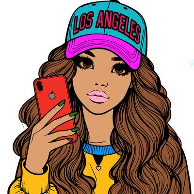 realistic beautiful girl wearing los ángeles cap holding an iphone