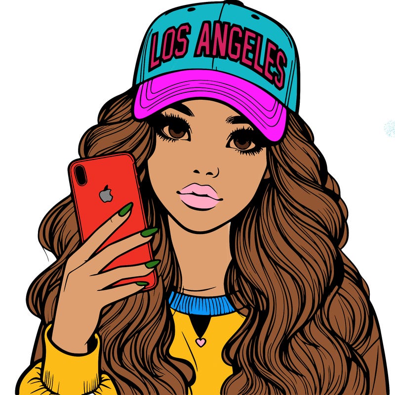 realistic beautiful girl wearing los ángeles cap holding an iphone