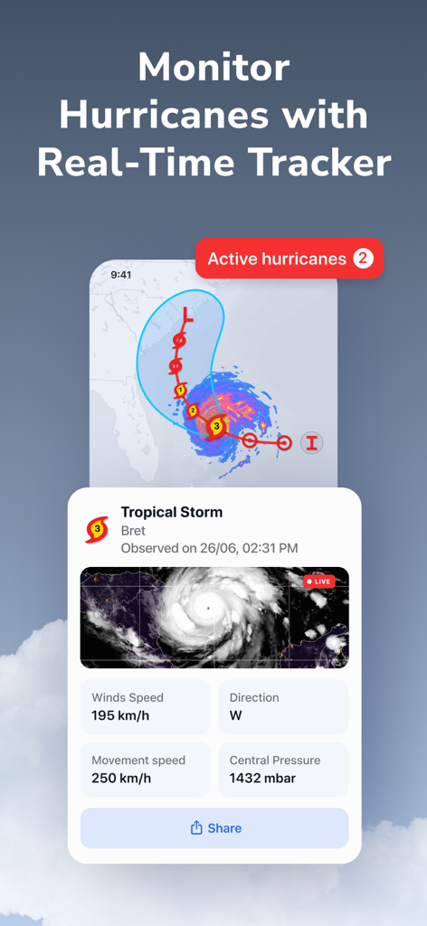 Real time hurricane tracker showing storm statistics and satellite radar view