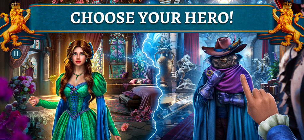 Hidden Objects: Witch F2P - Pantalla de selección de personajes en Objetos Ocultos Bruja mostrando a la Princesa Aurora y Adrián con la indicación Elige tu Héroe.