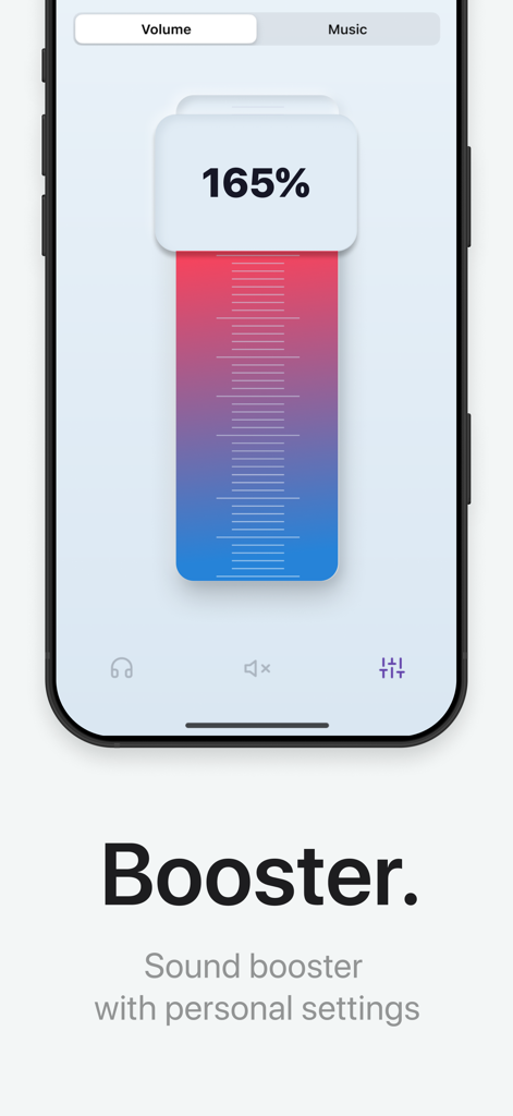 Volume Boost – Sound Amplifier - App interface showing a volume booster slider set to 165 percent