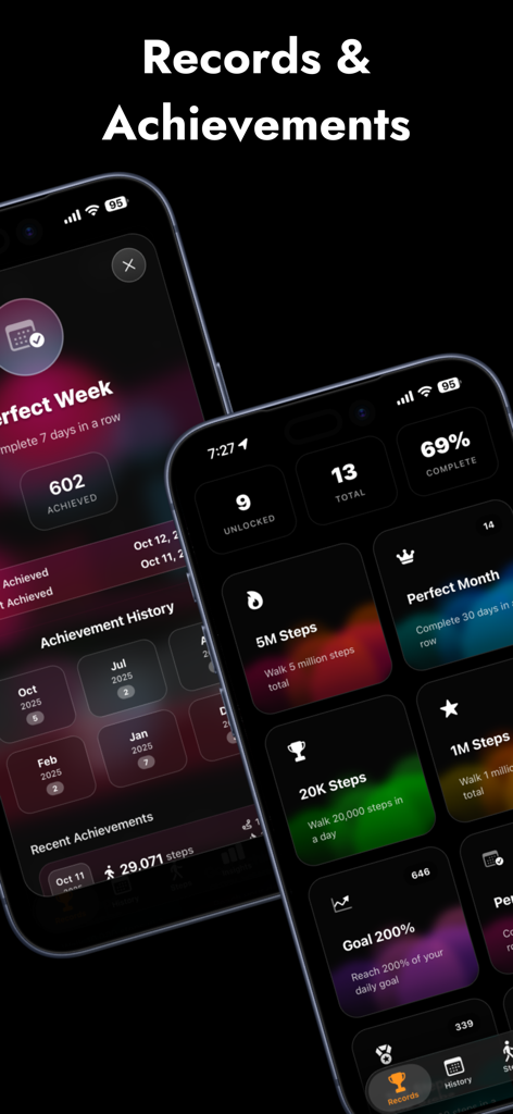 Steps App Pedometer & Widgets - Insignias de logros de fitness y récords de pasos mostrados en la interfaz del podómetro Steps App en modo oscuro.