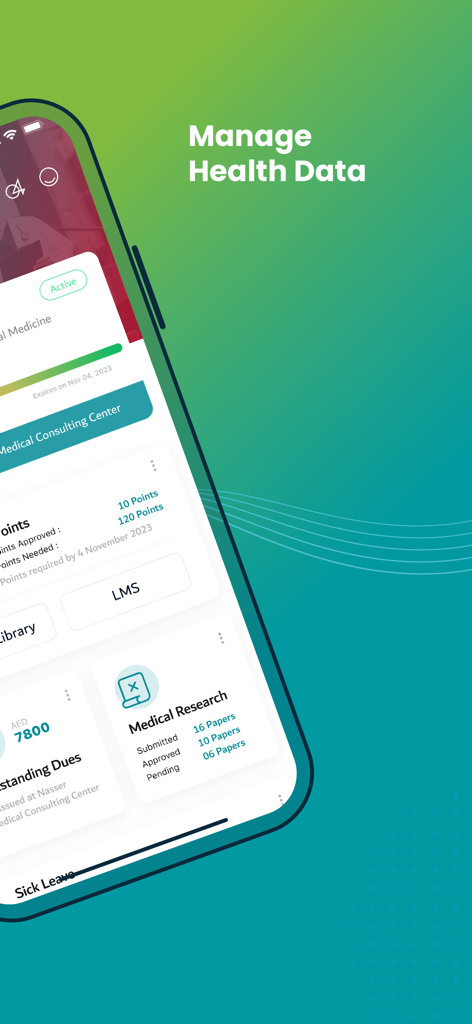 DHA - A mobile interface of the DHA app showing a professional health dashboard for managing medical data.