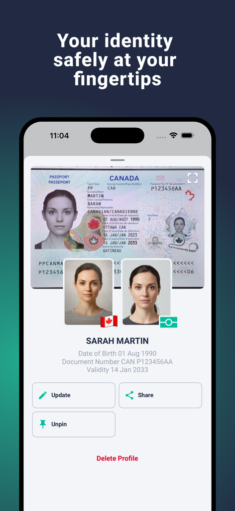A mobile phone screen displaying a digital Canadian passport with identity details and sharing options.