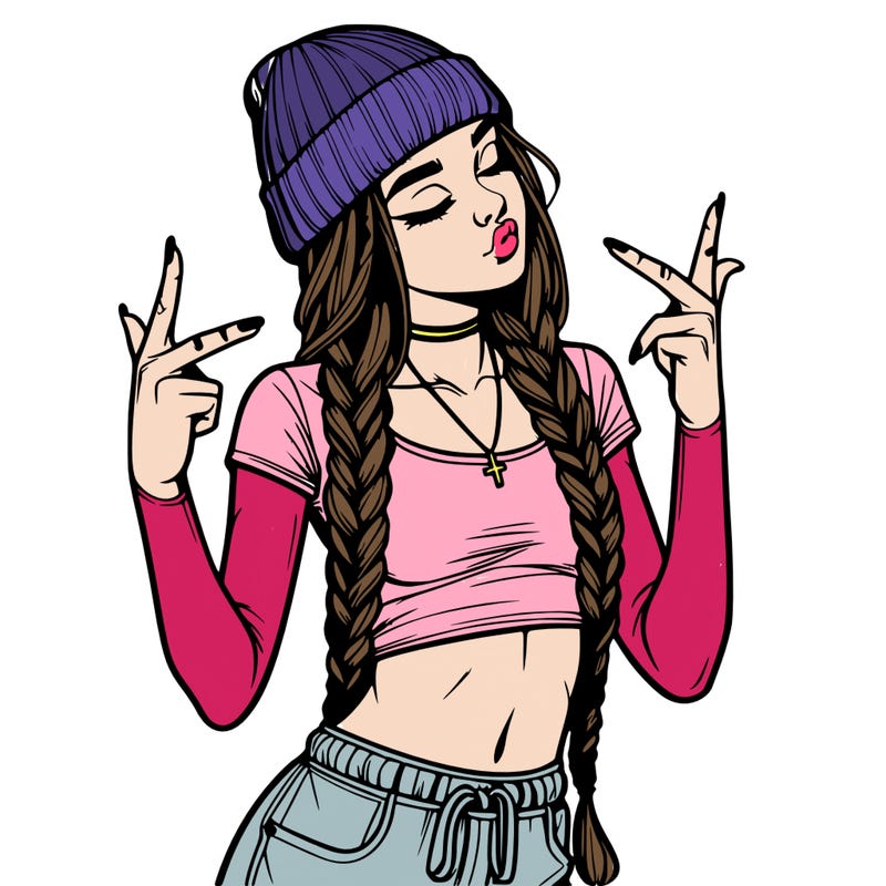realistic teenage girl with braids and a beanie and crop top doing 🫶🏼