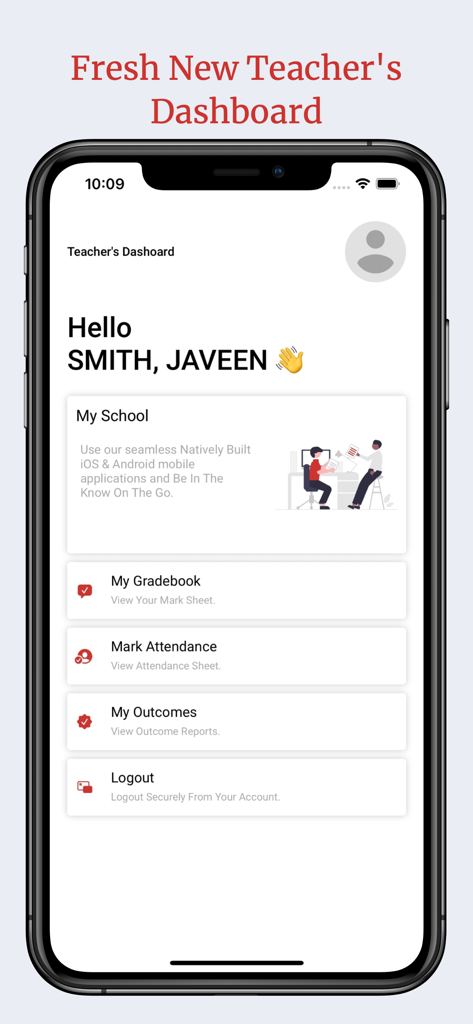 Una interfaz de panel de profesor para la aplicación móvil COMSOL MySchool que muestra opciones para el libro de calificaciones, asistencia y resultados de los estudiantes.