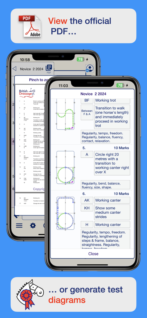 BD British Dressage TestPro - Screenshots of the BD British Dressage TestPro app showing official test PDFs and visual movement diagrams.