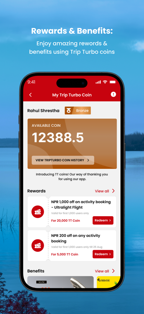 Trip Turbo - Pantalla de recompensas de la aplicación móvil Trip Turbo mostrando el saldo de monedas de fidelización y descuentos en actividades de viaje