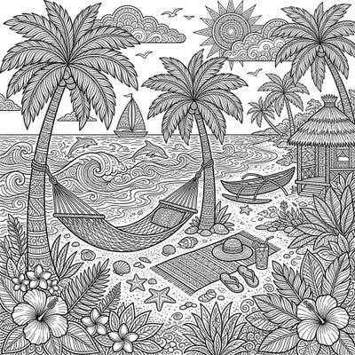 Dive into relaxation with this beautifully detailed tropical beach coloring page, perfect for adults seeking a serene escape. Featuring an intricate scene of palm trees, ocean waves, and beach life, it promises hours of mindful coloring enjoyment.