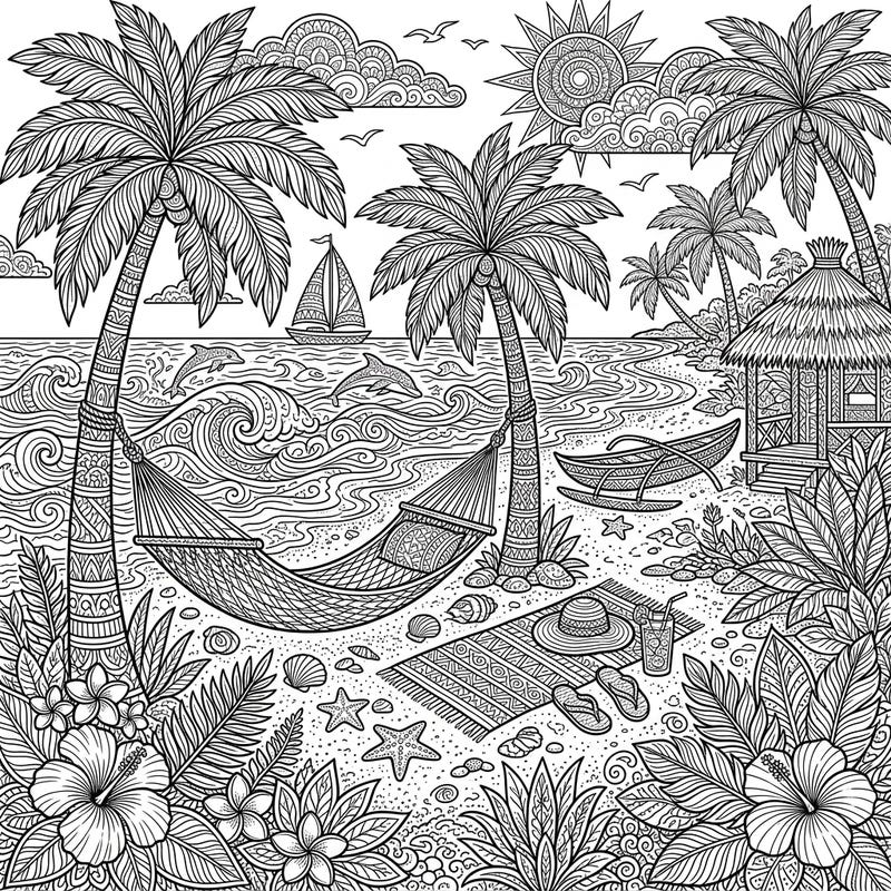 Dive into relaxation with this beautifully detailed tropical beach coloring page, perfect for adults seeking a serene escape. Featuring an intricate scene of palm trees, ocean waves, and beach life, it promises hours of mindful coloring enjoyment.