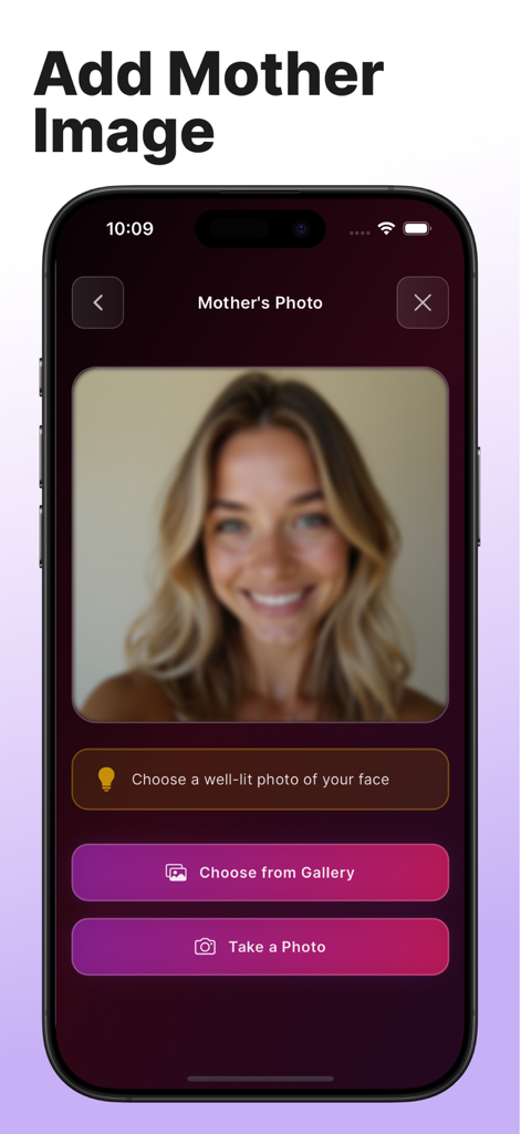 Interface de l'application générateur de bébé IA montrant l'écran pour télécharger ou prendre une photo de la mère
