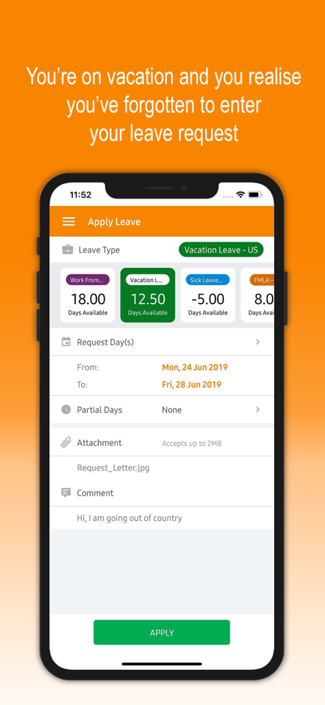 OrangeHRM Advanced - OrangeHRM Advanced mobile app interface showing the Apply Leave screen for a vacation request.
