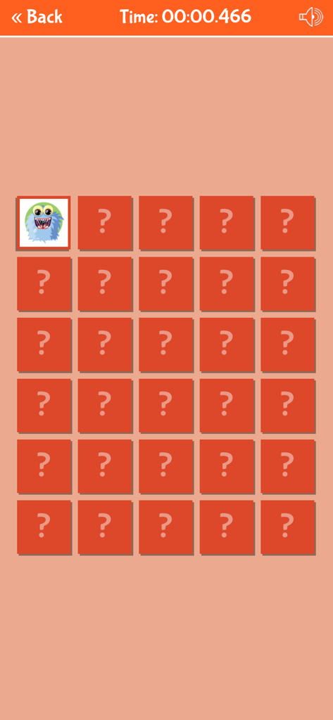 Cute Monsters Matching Game - Gameplay screen of Cute Monsters Matching Game showing a 5 by 6 grid of cards with one flipped card revealing a blue monster