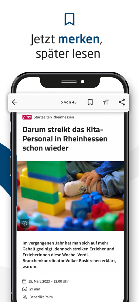 Smartphone displaying a German news article in the AZ News app with a bookmark icon and text saying save now read later