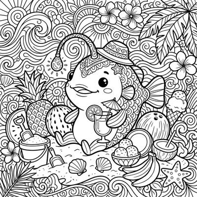 Escape to a tropical paradise with this enchanting adult coloring page featuring a whimsical anglerfish enjoying a summer vacation. This intricate design is packed with beachy details and tropical delights, offering hours of relaxing artistic exploration.