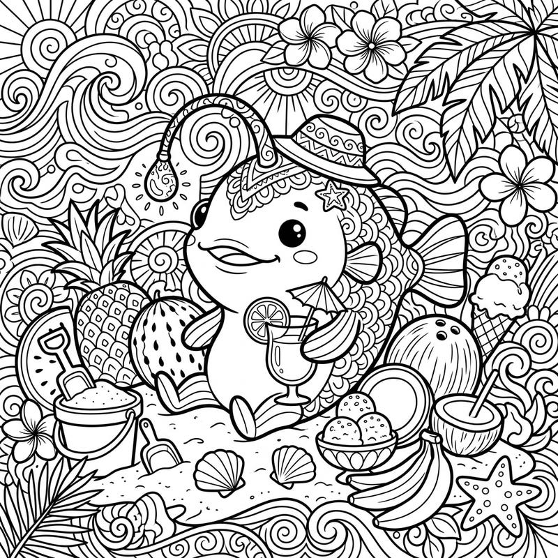 Escape to a tropical paradise with this enchanting adult coloring page featuring a whimsical anglerfish enjoying a summer vacation. This intricate design is packed with beachy details and tropical delights, offering hours of relaxing artistic exploration.