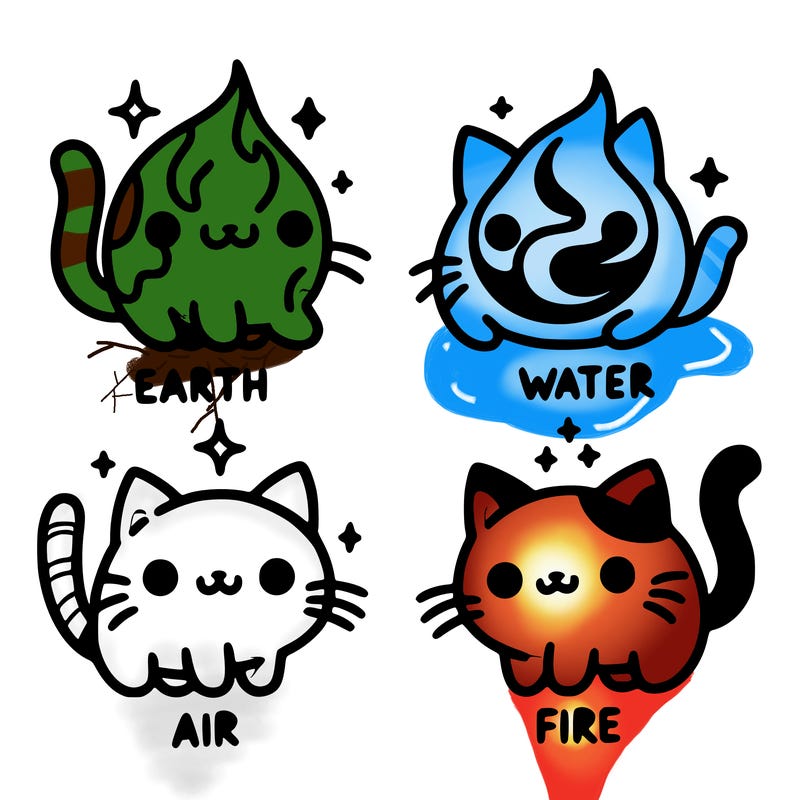 4 cats that represent the different elements, earth, water, air, and fire