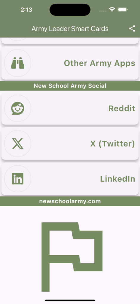 Army Leader Smart Cards - A screen in the Army Leader Smart Cards app showing social media links for Reddit X and LinkedIn and the developer website