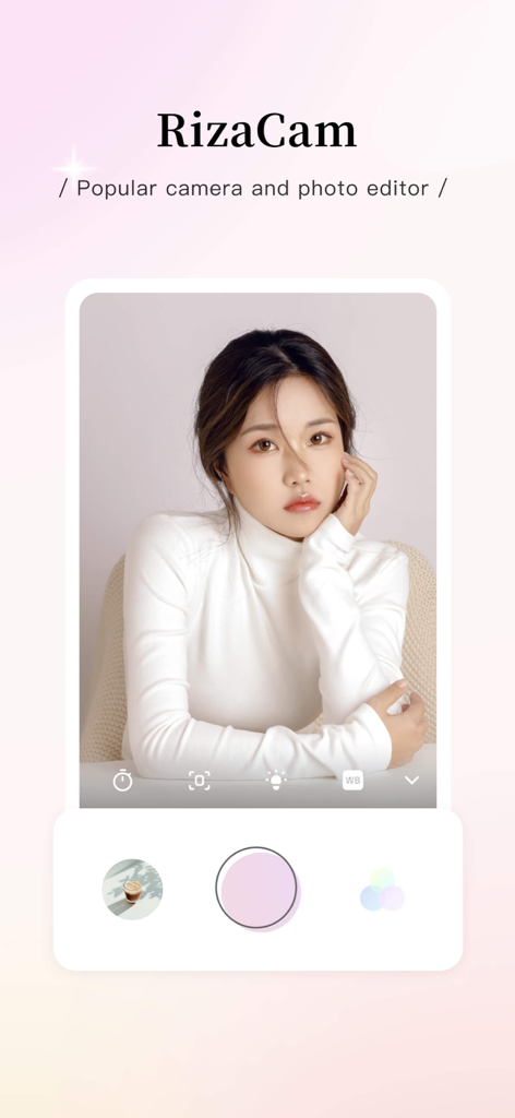 RizaCam app interface showing a portrait of a woman with aesthetic camera controls and soft pink background.