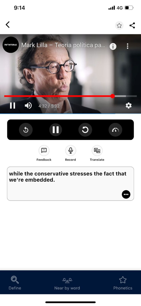 YouGlish - YouGlish app interface showing video playback with subtitles and tools for recording and translation