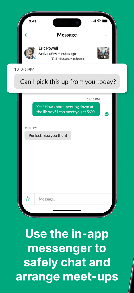 OfferUp - Buy. Sell. Simple. - OfferUp mobile app screenshot showing secure in-app messaging to coordinate local item pickups