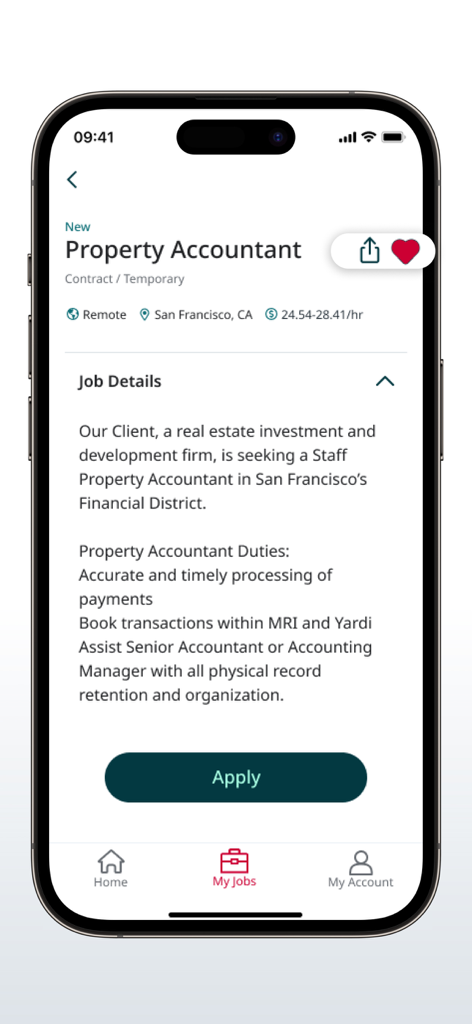 Application Robert Half affichant la description d'un poste de comptable immobilier.