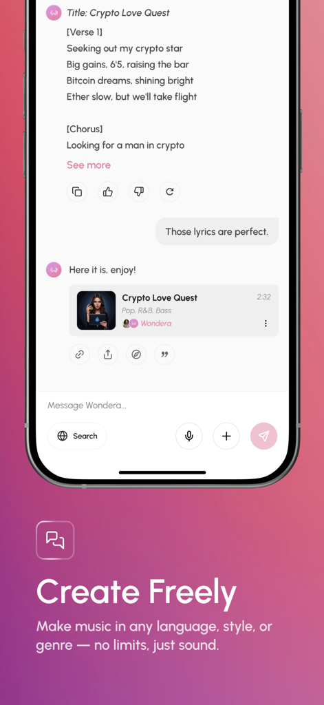 Wondera - AI for Music - Wondera app chat interface showing AI generated song lyrics and a music track player card