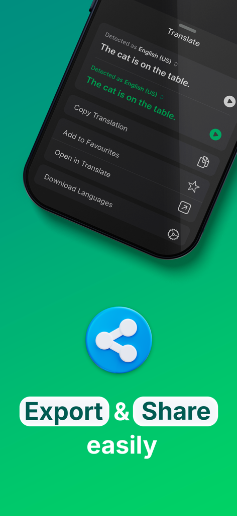 Interface of Audio to Text for WhatsApp showing translation export and sharing options