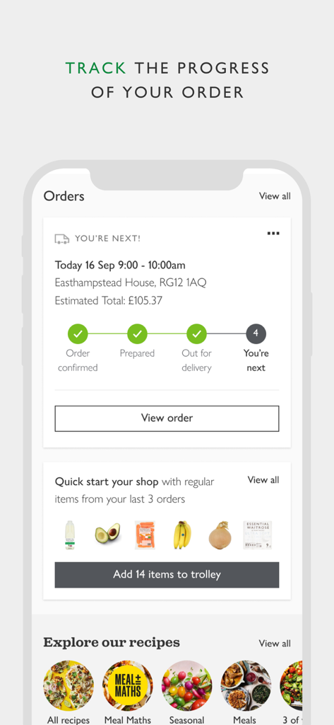 Waitrose app interface displaying order status tracking and personalized grocery shopping suggestions.