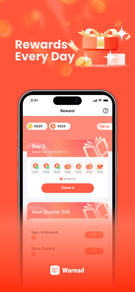 Bildschirm des Waread-App-Systems für tägliche Belohnungen und Check-ins, der Anmeldeboni zeigt