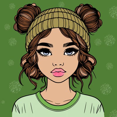realistic girl with buns in her hair with a beanie on