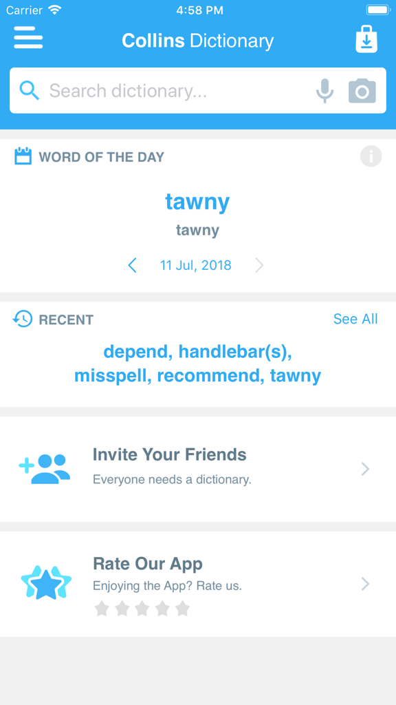 Collins Spanish Dictionary - Pantalla de inicio de la aplicación Collins Spanish Dictionary con palabra del día y funciones de búsqueda