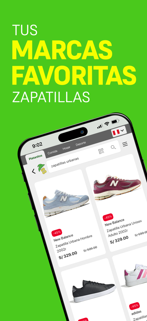 Platanitos - Screenshot of the Platanitos app showing a catalog of branded sneakers with price tags and discounts.