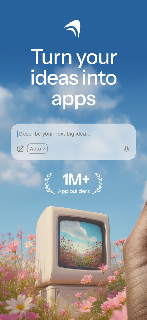 Einführungsbildschirm des Anything AI App Builders mit dem Slogan Verwandeln Sie Ihre Ideen in Apps