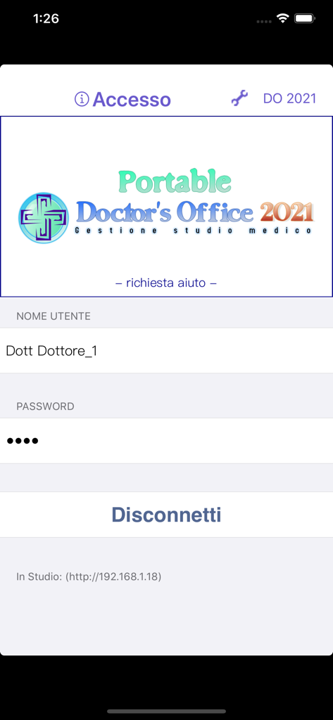 Doctor's Office 2021 - Anmeldebildschirm für die Praxisverwaltungs-App Doctor's Office 2021 auf dem iPhone.